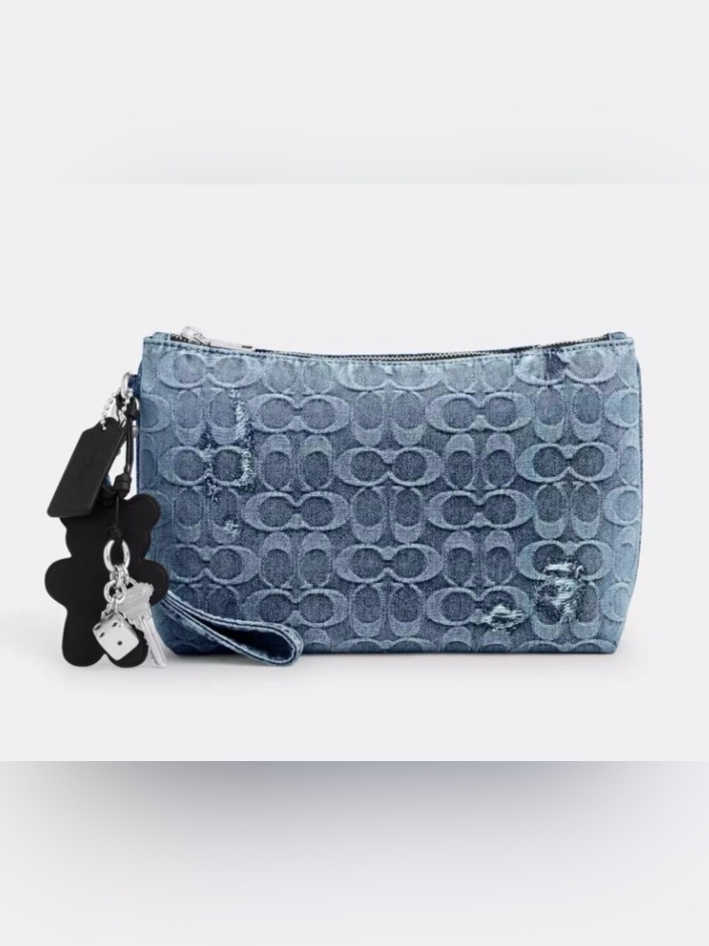 💙🖤Coach NWT  Loved Denim Pouch Wristlet with Charms and Silver Hardware